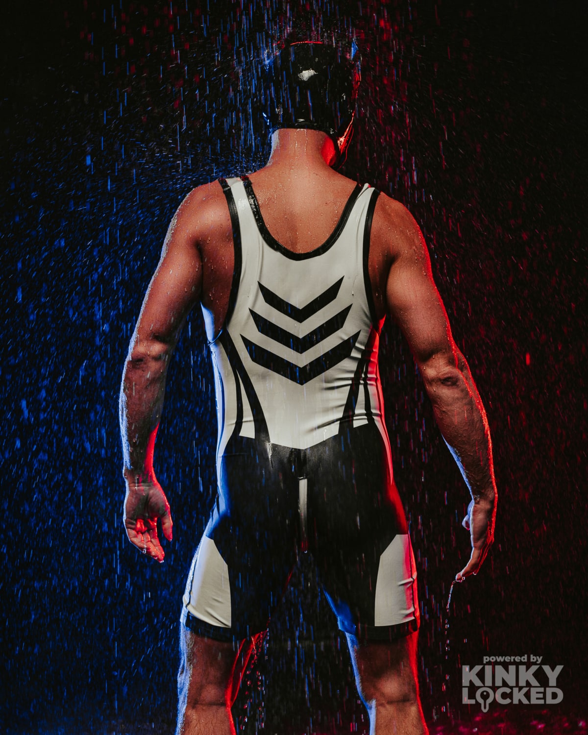 Pure White Wrestling Singlet rear zipper under club lighting