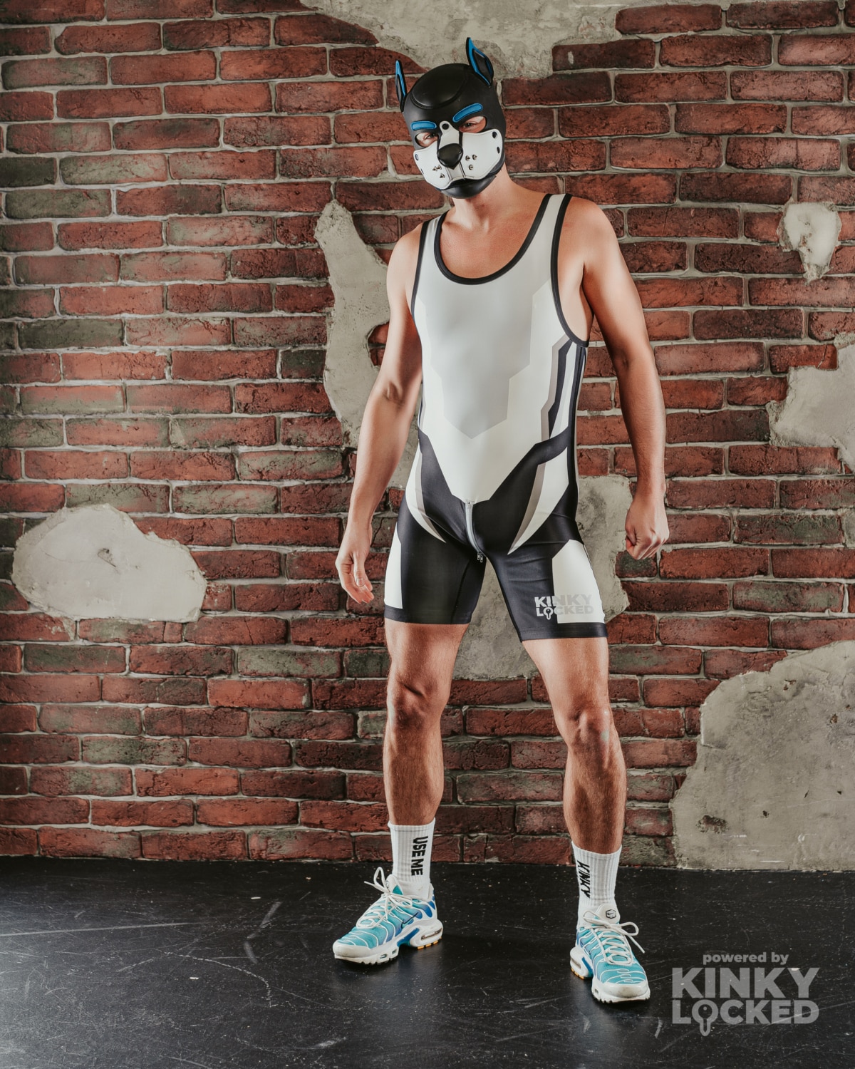 Full front view of KINKY LOCKED Pure White Wrestling Singlet