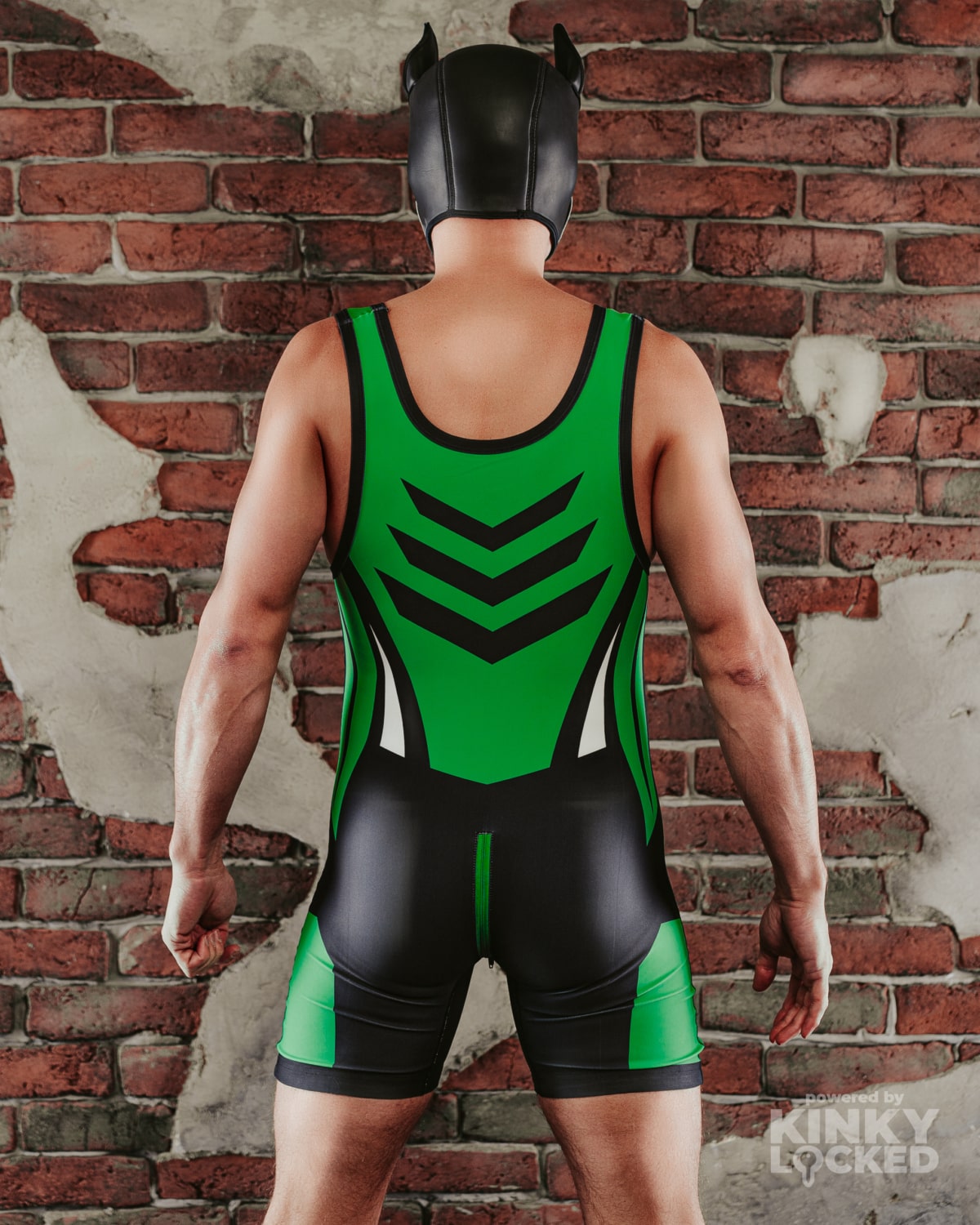 Rear view of Toxic Green Wrestling Singlet showing the zipper construction