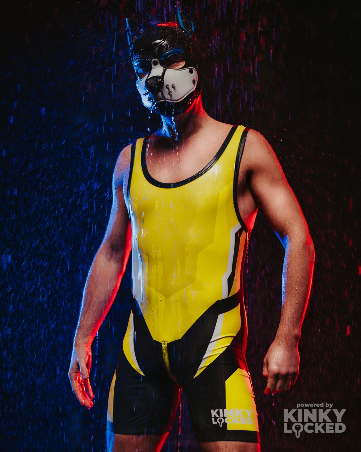 KINKY LOCKED High-Voltage Yellow Wrestling Singlet under dramatic club lighting