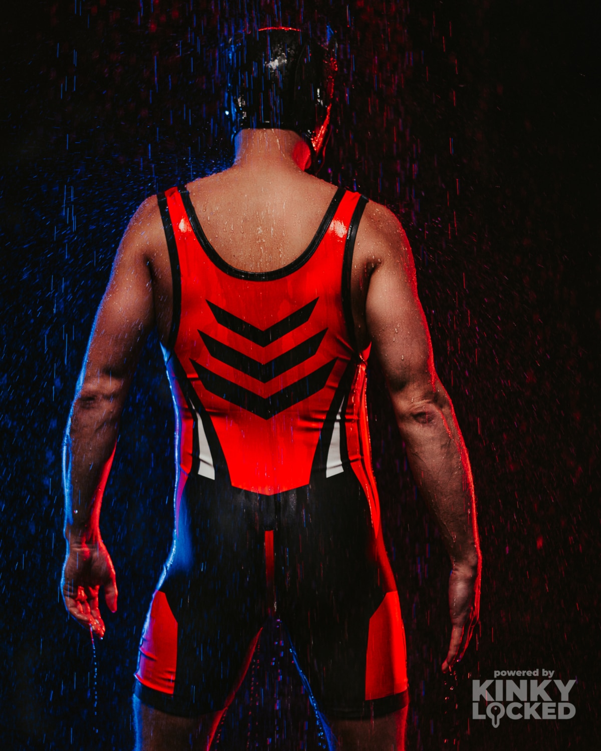 Dominant Red Wrestling Singlet rear zipper under club lighting