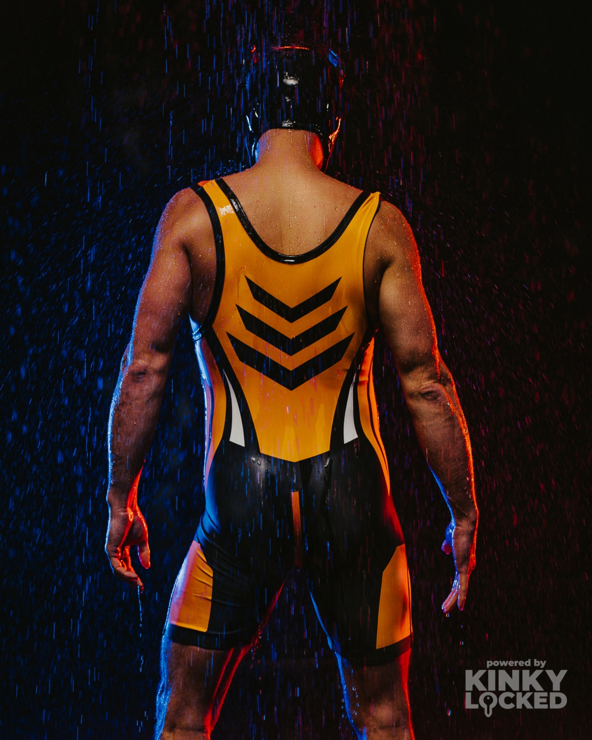 Burning Orange Wrestling Singlet rear zipper under club lighting