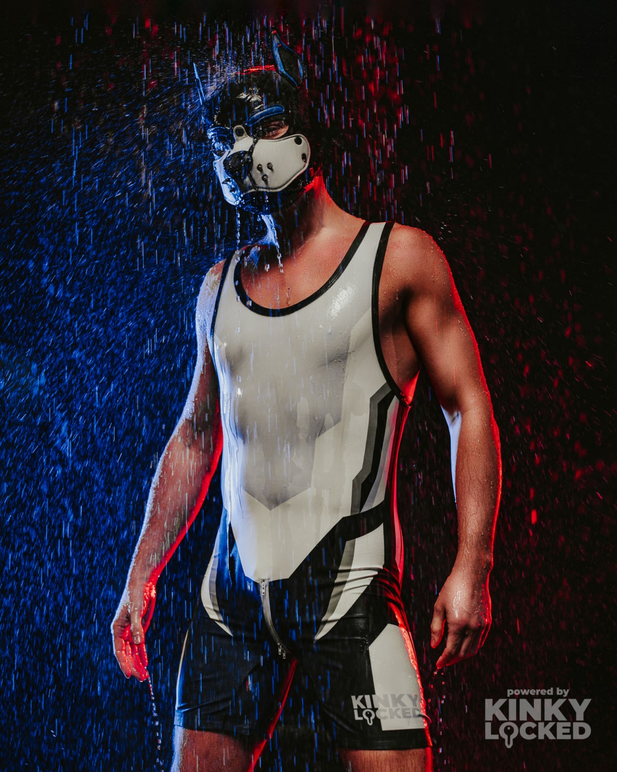KINKY LOCKED Pure White Wrestling Singlet under dramatic club lighting