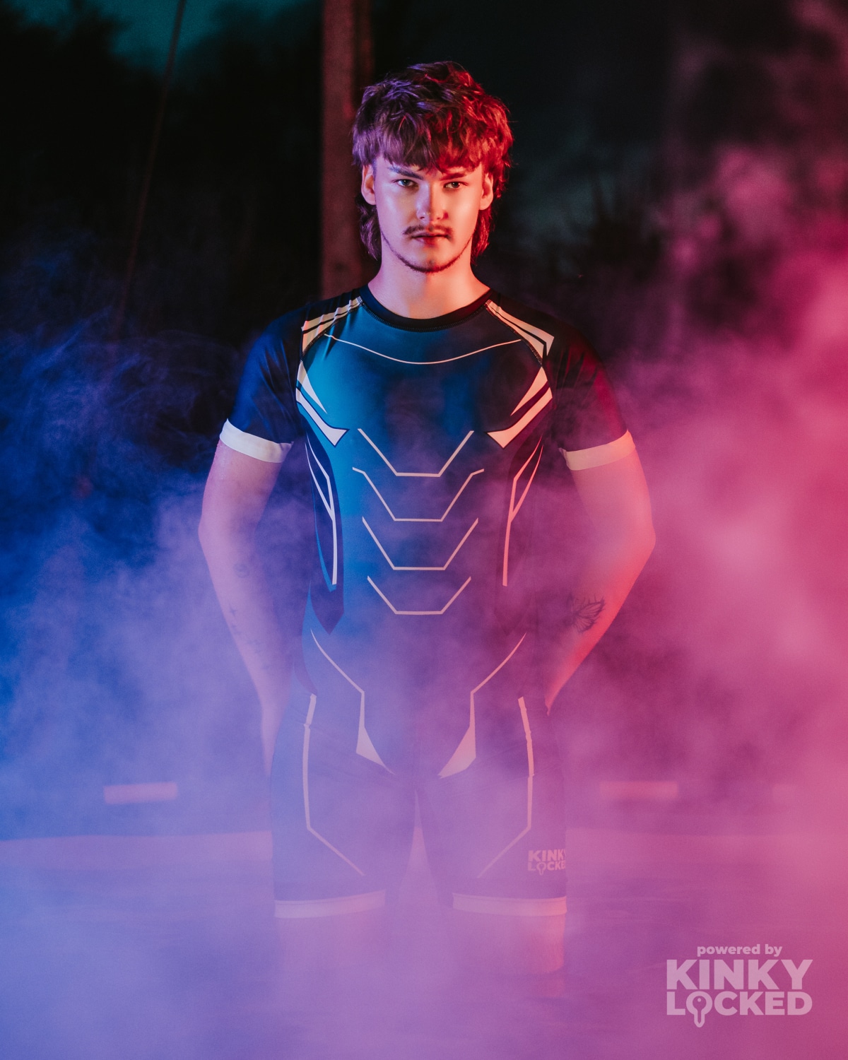 Midnight Blue Surfsuit in dramatic blue and red light