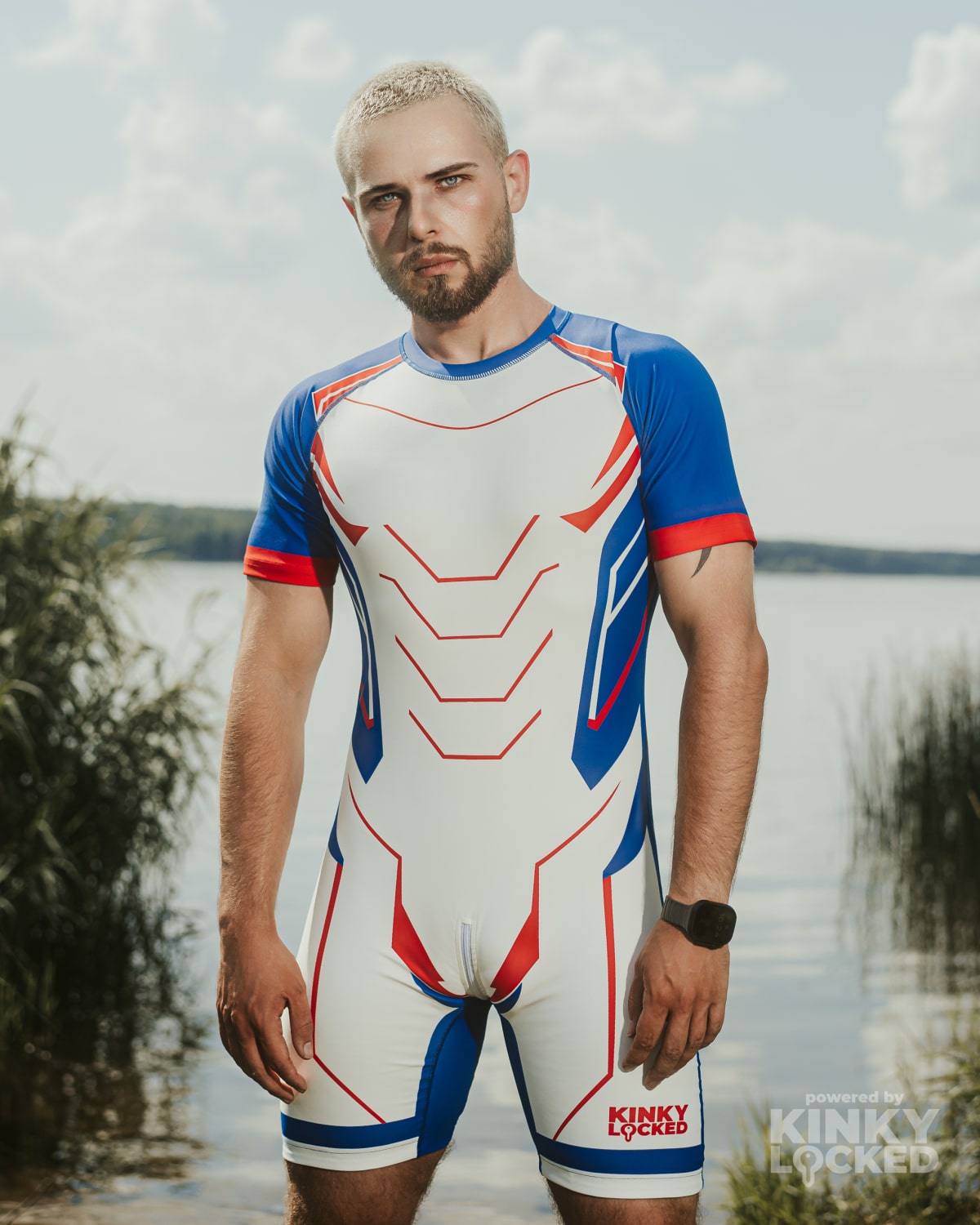 Athletic front view of the KINKY LOCKED Fusion White Surfsuit