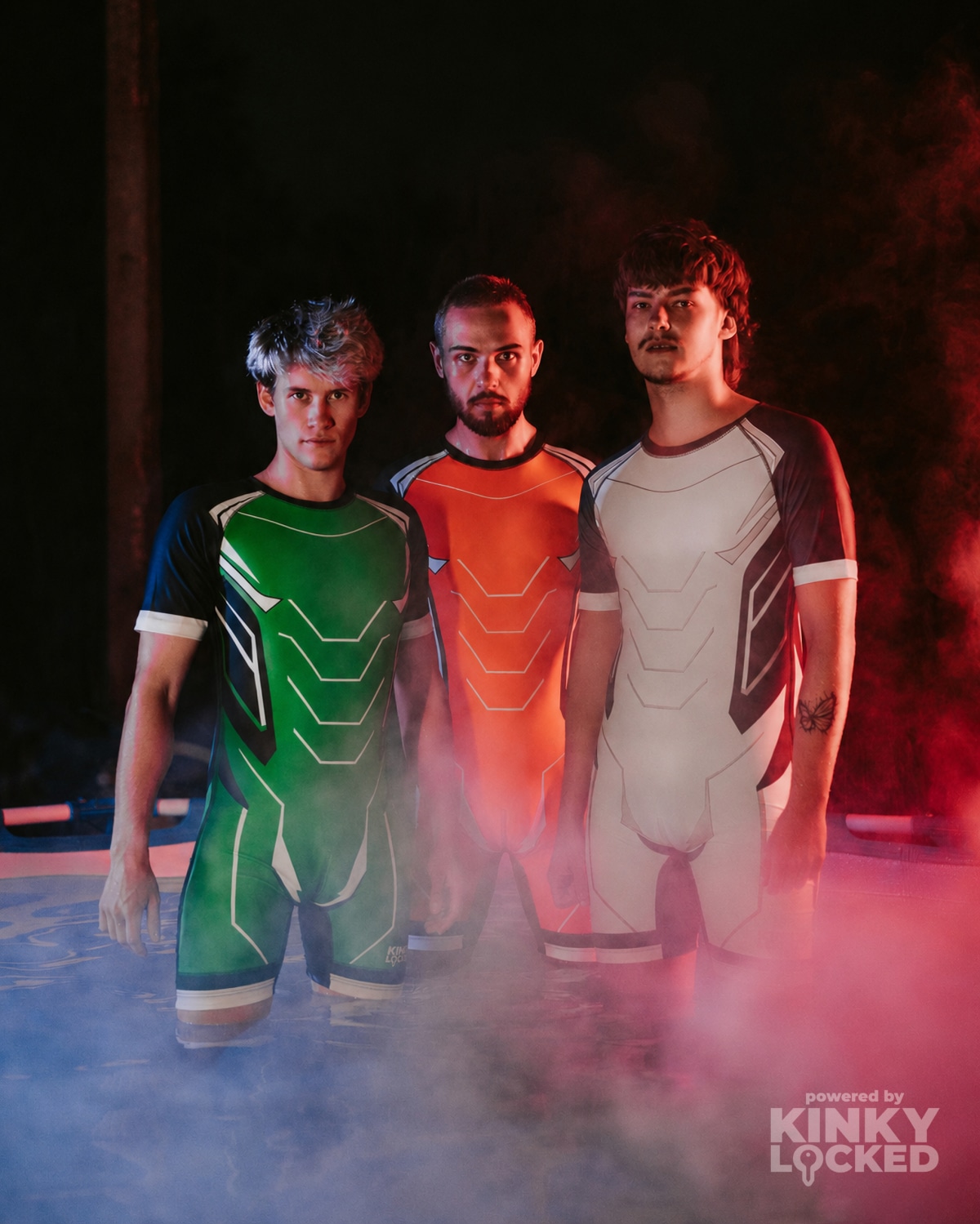 Toxic Green, Burning Orange and Cold Gray Surfsuits in dramatic red smoke