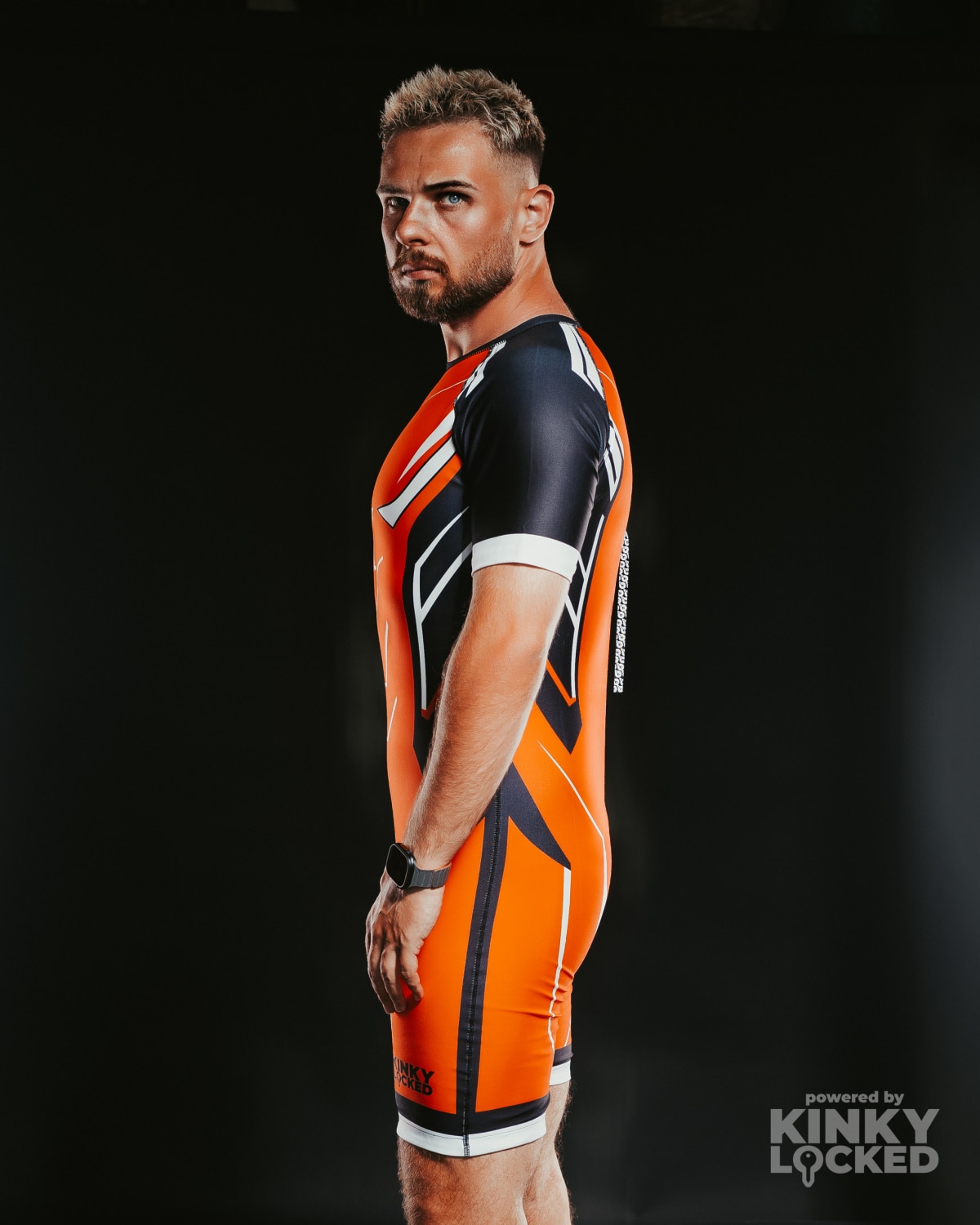 Side view showing the technical geometry of the Neon Orange Surfsuit