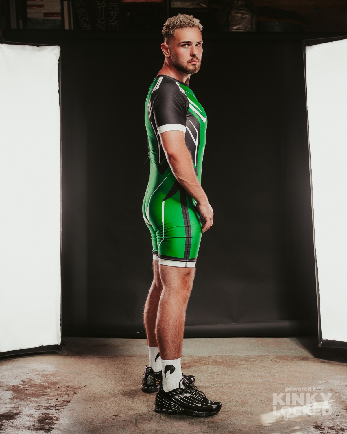 Side view showing the technical geometry of the Toxic Green Surfsuit