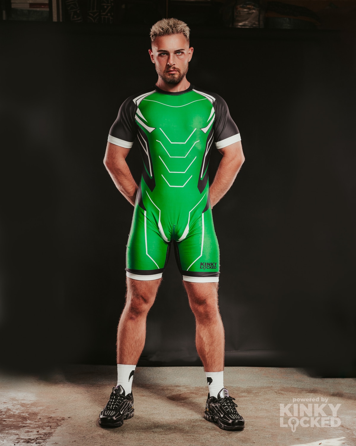 Full-body view of the KINKY LOCKED Toxic Green Surfsuit