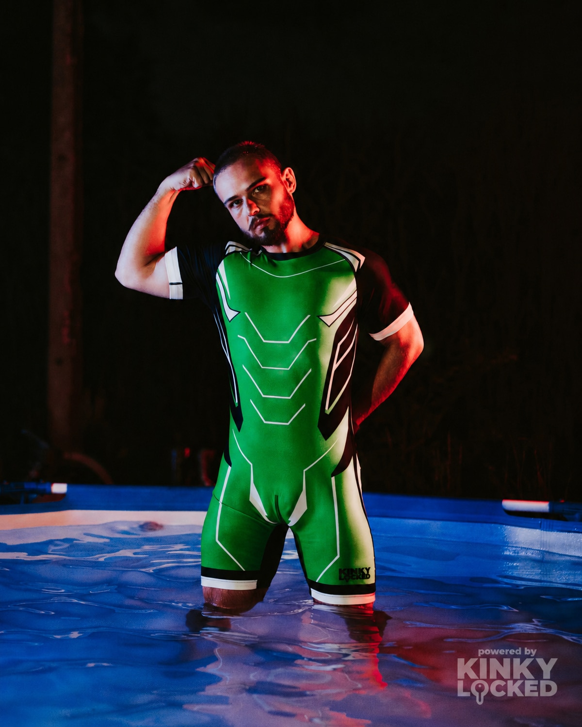 KINKY LOCKED Toxic Green Surfsuit in a dramatic poolside setting